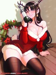  absurdres arm_support black_hair black_thighhighs bottle breasts earrings fake_horns female highres holding holding_bottle horns indoors jewelry large_breasts long_hair looking_at_viewer on_floor one_eye_closed opalis red_eyes santa_costume smile solo spy_x_family thick_thighs thighhighs thighs wooden_floor yor_briar 