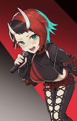  absurdres asymmetrical_horns black_hair black_jacket black_pants black_sports_bra blue_eyes breasts chains commentary_request cropped_jacket cross-laced_pants demon_girl demon_horns feet_out_of_frame female gradient_background grey_background highres holding holding_microphone horns jacket kyousei_leica large_breasts long_sleeves looking_at_viewer microphone midriff multicolored_hair nanashi_inc. open_clothes open_jacket open_mouth pants red_background red_hair red_sports_bra ryugasaki_rene ryugasaki_rene_(1st_costume) short_bangs short_hair solo sports_bra two-tone_hair two-tone_sports_bra uneven_horns unzipped virtual_youtuber white_horns 