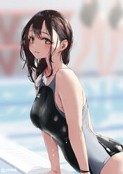  3girls aya_(jonsun) black_one-piece_swimsuit blurry blurry_background blush breasts brown_eyes brown_hair collarbone commentary_request competition_swimsuit from_side jonsun looking_at_viewer medium_breasts medium_hair multiple_girls one-piece_swimsuit original parted_lips pool smile solo_focus swimsuit twitter_username wet wet_clothes wet_swimsuit 