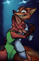  2023 4_fingers anthro blue_clothing canid canine closed_eyes clothing conditional_dnp dance_floor dancing detailed_background digital_media_(artwork) digital_painting_(artwork) disney dress duo female fingers flower fox green_clothing green_eyes hand_holding head_tuft hi_res inner_ear_fluff john_wilde leisure_suit male male/female mammal mrs._wilde open_mouth pawpads plant red_fox rose_(flower) smile tangerine_(artist) true_fox tuft whiskers zootopia 