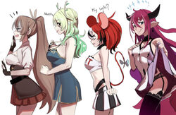  4girls ahoge animal_ears animal_print bare_shoulders belt bikini bikini_under_clothes black_collar black_hair black_panties black_skirt blue_eyes blue_ribbon blush branch breasts brown_corset brown_gloves brown_hair ceres_fauna ceres_fauna_(1st_costume) cleavage closed_mouth clothes_lift collar colored_tips corset cow_print cow_print_bikini crop_top demon_horns dress dress_lift earrings english_text feather_hair_ornament feathers flashing flower frilled_dress frilled_skirt frills garter_straps gloves gradient_hair gradient_legwear green_dress green_eyes green_hair hair_flower hair_ornament hakos_baelz hakos_baelz_(1st_costume) halo heterochromia high_ponytail highres hololive hololive_english horns irys_(hololive) irys_(irys_2.0)_(hololive) jewelry lifting_own_clothes long_hair looking_at_viewer looking_down medium_breasts midriff miniskirt mouse_ears mouse_girl mouse_tail multicolored_hair multiple_girls nanashi_mumei nanashi_mumei_(1st_costume) necklace off-shoulder_dress off-shoulder_shirt off_shoulder panties partially_fingerless_gloves pink_eyes pleated_skirt pointy_ears print_bikini purple_hair purple_thighhighs red_hair ribbon shirt sho-n-d short_dress short_hair sidelocks simple_background skirt spiked_collar spikes stomach streaked_hair surprised swimsuit tail tail_ornament tail_ribbon thighhighs tongue tongue_out tree_horns twintails underwear very_long_hair virtual_youtuber wavy_hair white_dress white_hair white_shirt white_skirt 