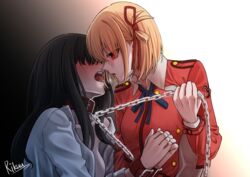  2girls black_hair blonde_hair bondage bound chains collar commentary cuffs femdom from_side hair_over_eyes hair_ribbon handcuffs inoue_takina kurokawa_rikuu long_hair looking_at_another lycoris_recoil lycoris_uniform medium_hair multiple_girls nishikigi_chisato open_mouth red_eyes ribbon signature simple_background teeth tongue tongue_out upper_body upper_teeth_only yuri 