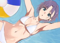  :o absurdres alternate_costume armpits asakura_toru ball beachball bikini breasts cleavage collarbone female garuku1120 halterneck highres idolmaster idolmaster_shiny_colors looking_at_viewer lying lying_on_water medium_breasts navel on_back purple_hair short_hair solo stomach string_bikini swimsuit white_bikini 