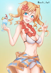  anti_(untea9) bikini blonde_hair blue_eyes breasts cup drill_hair female gradient_background highres holding holding_cup honolulu_(kancolle) kantai_collection looking_at_viewer sarong smile solo swimsuit twintails white_bikini 