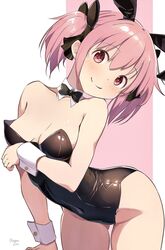  animal_ears bare_legs black_bow black_bowtie black_hair black_leotard bow bowtie breasts breasts_day commentary_request cowboy_shot detached_collar female good_breasts_day highres kaname_madoka leotard mahou_shoujo_madoka_magica nagare_(flow) pink_eyes pink_hair playboy_bunny rabbit_ears short_hair small_breasts smile solo strapless strapless_leotard twintails wrist_cuffs 