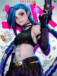  absurdres arcane:_league_of_legends arcane_jinx arm_tattoo bare_shoulders belt black_crowser black_gloves black_shirt blue_hair braid braided_ponytail breasts crop_top female fingerless_gloves gloves gun highres holding holding_gun holding_weapon jinx_(league_of_legends) league_of_legends long_hair midriff navel pants shirt smile solo stomach stomach_tattoo striped_clothes striped_pants tattoo twin_braids weapon 