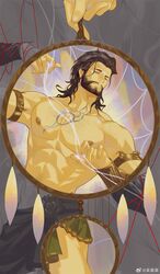  1boy abs baldur&#039;s_gate baldur&#039;s_gate_3 bara beard bound closed_eyes dungeons_&amp;_dragons facial_hair feet_out_of_frame full_beard gale_(baldur&#039;s_gate) highres large_pectorals le_zhang_zhang male_focus mature_male medium_hair muscular muscular_male mustache_stubble nipples partially_colored pectorals red_rope rope smile solo_focus stomach stubble surreal symbolism thick_eyebrows topless_male 