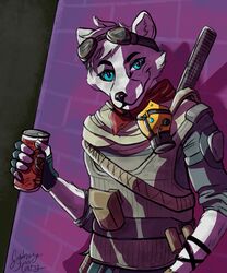  5:6 absurd_res anthro bandana beverage_can bulletproof_vest call_of_duty:_cold_war canid canine canis eyewear eyewear_on_head gas_mask goggles goggles_on_head hi_res kerchief leaning_on_wall male mammal mask solo sydney_onmars wolf 