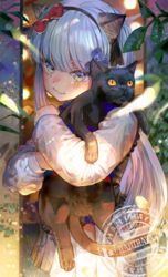  absurdres aged_down animal animal_ears apron artist_name black_apron black_cat black_hairband black_ribbon blue_apron blue_flower blush bow cat_ears closed_mouth commentary cowboy_shot dress feline female flower girls&#039;_frontline grey_eyes grey_hair hair_flower hair_ornament hair_ribbon hairband hairbow hani_haya highres hk416_(black_kitty&#039;s_gift)_(girls&#039;_frontline) hk416_(girls&#039;_frontline) holding holding_animal holding_cat light_particles long_hair long_sleeves looking_at_viewer plant pleated_dress red_bow ribbon smile solo watermark white_dress 