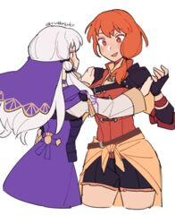  2girls belt belt_buckle blush breasts buckle commentary_request cowboy_shot do_m_kaeru dress fingerless_gloves fire_emblem fire_emblem:_three_houses gloves grey_hair leonie_pinelli long_hair long_sleeves lysithea_von_ordelia medium_breasts multiple_girls open_mouth orange_eyes orange_hair shorts tongue twitter_username 