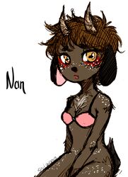  2_horns anthro artist_name black_nose blush bottomless bovid bra bra_only breasts brown_body brown_fur brown_hair caprine character_name chest_tuft cleavage clothed clothing eyebrow_through_hair eyebrows female fur goat hair heart_symbol horn lips mammal medium_breasts nan_(nq) nan_quest pink_bra pink_clothing pink_underwear scut_tail short_tail simple_background sitting solo spots sym69ls tail three-quarter_view translucent translucent_hair tuft underwear underwear_only white_background white_body white_fur white_spots yellow_eyes 