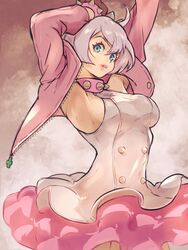  ahoge arms_up blue_eyes bob_cut bracelet breasts clover collar dress elphelt_valentine female four-leaf_clover grey_hair guilty_gear guilty_gear_strive halter_dress halterneck highres jacket jewelry large_breasts lips looking_at_viewer no_bra open_clothes open_jacket pink_collar pink_jacket pink_skirt short_dress short_hair sideboob skirt skirt_under_dress solo spiked_bracelet spiked_collar spikes white_dress yuenibushi 