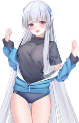  black_shirt blue_archive blue_buruma blue_jacket blush breasts buruma cowboy_shot female grey_hair hanamaru_tsubaki highres jacket large_breasts long_hair long_sleeves looking_at_viewer noa_(blue_archive) open_mouth purple_eyes shirt simple_background smile solo track_jacket white_background 