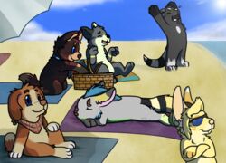  2014 adobe_photoshop_(artwork) ambiguous_gender anthro basket beach beach_towel beach_umbrella beagle beanie black_body black_fur black_nose blonde_hair blue_eyes blue_mane blue_markings blue_sky brown_body brown_eyebrows brown_fur brown_horn brown_nose canid canine canis cel_shading chibi chimera closed_eyes clothing cloud container crossed_arms day detailed_background digital_drawing_(artwork) digital_media_(artwork) domestic_dog ear_piercing eyebrows eyewear facial_horn facial_piercing fangs featureless_crotch female_(lore) floppy_ears fuchsia_(fuchsianess) fur gauged_ear green_markings grey_body grey_fur group hair handpaw hat headgear headwear herding_dog hindpaw horn hunting_dog kerchief lip_piercing lop_ears lying mammal mane markings mixed_breed neckerchief nose_horn nude on_front open_mouth open_smile outside parasol pastoral_dog pattern_kerchief pattern_neckerchief paws picnic_basket piercing pink_inner_ear pink_nose plaid_kerchief plaid_neckerchief plug_(jewelry) purple_inner_ear red_kerchief red_neckerchief ring_(marking) ringed_tail sand scent_hound sea seaside sebdoggo semi-anthro shaded sitting sky smile snout striped_markings striped_tail stripes sunglasses tail tail_markings tan_body tan_fur teeth tongue towel water welsh_corgi white_markings white_tongue wolf yellow_body yellow_fur 