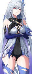  bare_shoulders blue_gloves blue_thighhighs breasts commentary cowboy_shot elbow_gloves female genshin_impact gloves grey_hair hair_ornament highres kikata_(hata_nanokana) long_hair looking_at_viewer medium_breasts purple_eyes scowl simple_background skirk_(genshin_impact) solo standing thighhighs thighs torn_clothes torn_thighhighs very_long_hair white_background 