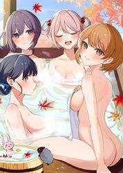  4girls akebono_(kancolle) alternate_hairstyle ass autumn_leaves bandaid bandaid_on_face bathing black_hair breasts brown_eyes brown_hair closed_eyes commentary_request covering_privates hair_bobbles hair_ornament hair_rings highres kantai_collection long_hair medium_breasts multiple_girls nude_cover oboro_(kancolle) onsen pink_hair purple_eyes purple_hair rabbit ranran_3939 same-sex_bathing sazanami_(kancolle) shared_bathing sheep short_hair sideboob sitting small_breasts towel ushio_(kancolle) 