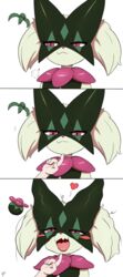  ambiguous_gender anthro biped blush chin_scratch duo fur generation_9_pokemon green_body green_fur heart_symbol hi_res human mammal meowscarada nintendo pink_body pink_eyes pokemon pokemon_(species) suru56nee 