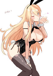  alternate_costume animal_ears bare_shoulders black_leotard black_thighhighs blonde_hair blue_eyes blush bow bowtie breasts cleavage covered_navel detached_collar fake_animal_ears fake_tail female hair_between_eyes highres iowa_(kancolle) kantai_collection kissing large_breasts leotard long_hair looking_at_viewer playboy_bunny rabbit_ears rabbit_tail smile solo star-shaped_pupils star_(symbol) strapless strapless_leotard symbol-shaped_pupils tail tetsukuzu_(yajirushi_shita) thighhighs traditional_bowtie twitter_username white_background wrist_cuffs 