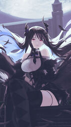  asymmetrical_horns black_gloves black_hair black_sleeves black_thighhighs blue_hair breasts clothing_cutout collared_shirt colored_inner_hair demon_horns feathered_wings female full_moon fur-trimmed_sleeves fur_trim gloves high-waist_dress highres hololive hololive_english horns iva_(iva4111) large_breasts looking_at_viewer mole mole_under_eye moon multicolored_hair nerissa_ravencroft nerissa_ravencroft_(1st_costume) red_eyes shirt shoulder_cutout smile solo thigh_strap thighhighs virtual_youtuber wings 