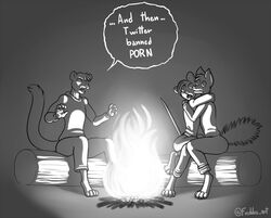  2019 anthro bonfire canid canine dialogue english_text felid freckles_(artist) greyscale group log male mammal monochrome mouse murid murine pantherine rodent tail text trio wood 