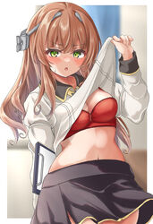  black_skirt blunt_bangs bra breasts brown_hair clothes_lift female green_eyes headgear helena_(kancolle) highres kantai_collection kasashi_(kasasi008) lifting_own_clothes long_hair long_sleeves miniskirt navel red_bra shirt_lift skirt small_breasts solo underwear 