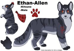  2014 3_tails aliasing ambiguous_gender black_text canid canine countershade_fur countershading digital_drawing_(artwork) digital_media_(artwork) digitigrade ear_tuft english_text ethan-allen_(sebdoggo) eyebrows feral flat_colors fox fur grey_body grey_countershading grey_fur grey_inner_ear grey_nose kerchief male_(lore) mammal markings microsoft_paint_(artwork) model_sheet multi_tail plaid_kerchief red_ear_tufts red_eyes red_kerchief red_markings sebdoggo simple_background smile snout solo standing striped_body striped_fur stripes tail text tuft white_background 