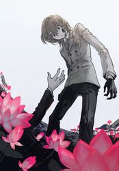  2boys absurdres akechi_gorou amamiya_ren black_blood black_eyes black_gloves black_jacket blood blood_on_clothes brown_hair closed_mouth flower gloves grey_jacket hair_between_eyes highres jacket long_sleeves male_focus multiple_boys necktie pants persona persona_5 pink_flower reaching wading water wl8tca 