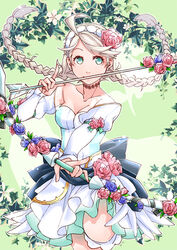  alternate_costume arrow_(projectile) bare_shoulders blue_eyes blue_flower blue_rose bow_(weapon) braid bridal_veil bride bride_(fire_emblem) dress ebi_puri_(ebi-ebi) female fire_emblem fire_emblem_fates flower hair_flower hair_ornament holding holding_arrow holding_bow_(weapon) holding_weapon looking_at_viewer low_twin_braids nina_(fire_emblem) parted_bangs pink_flower pink_rose rose solo twin_braids veil weapon wedding_dress white_hair 