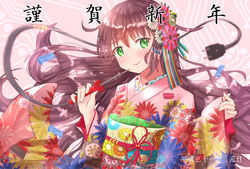  brown_hair circuit_board_print electric_plug female floating_hair floral_print green_eyes hair_ornament hands_up highres holding japanese_clothes jumper_cable kanzashi kimono little_sound long_hair long_sleeves looking_at_viewer nengajou new_year obi original pink_background print_kimono resistor sash smile soldering soldering_iron solo upper_body very_long_hair wide_sleeves 