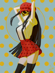  andaerz arms_up black_hair black_thighhighs breasts cabbie_hat dancing english_commentary female hat high-waist_skirt highres long_hair me!me!me! me!me!me!_dance_(meme) medium_breasts meme original pale_skin polka_dot polka_dot_background print_headwear print_skirt red_skirt shirt skirt solo straight_hair suspender_skirt suspenders thighhighs variant_set white_shirt zettai_ryouiki 