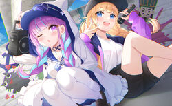  2girls :d ;o anchor_symbol baseball_cap black_shorts blonde_hair blue_eyes blue_hair blue_nails blue_ribbon blunt_bangs blush boombox braid breasts carrying_over_shoulder cleavage crossover eyewear_on_headwear graffiti hairstyle_connection hand_up hat hat_under_hood heart heart-shaped_eyewear holding holding_boombox holding_microphone hololive hood hood_up hooded_jacket horned_hood horns jacket keikei_(kitty_colors) legs light_blue_hair long_hair looking_at_viewer medium_breasts microphone minato_aqua minato_aqua_(sailor) multicolored_clothes multicolored_hair multicolored_jacket multiple_girls neck_ribbon neko_(minato_aqua) one_eye_closed open_mouth pantyhose paripi_koumei purple_hair purple_jacket ribbon sailor_collar shirt shoes shorts sitting smile squatting streaked_hair sunglasses teeth thighs tsukimi_eiko twin_braids two-tone_hair upper_teeth_only virtual_youtuber w white_pantyhose white_shirt zhuge_kongming_(paripi_koumei) 