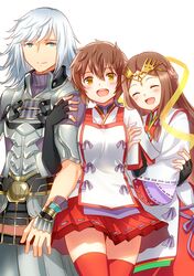  1boy 2girls :d ^_^ armor blush closed_eyes commentary_request fan_la_norne feather_hair gloves hagoromo hair_ribbon jin_(xenoblade) long_hair looking_at_viewer lora_(xenoblade) mizuki_riko multiple_girls open_mouth parted_lips pauldrons red_hair ribbon sandwiched shawl short_hair shoulder_armor simple_background skirt smile white_hair xenoblade_chronicles_(series) xenoblade_chronicles_2 xenoblade_chronicles_2:_torna_-_the_golden_country yellow_eyes 