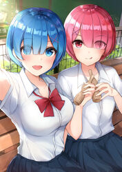  2girls :d :q absurdres alternate_costume arm_up bad_id bad_pixiv_id bench blue_eyes blue_hair blue_skirt blush bow bowtie breasts closed_mouth collarbone collared_shirt commentary_request contemporary day dress_shirt eyes_visible_through_hair fence hair_ornament hair_over_one_eye hairclip highres holding looking_at_viewer medium_breasts multiple_girls on_bench open_mouth outdoors outstretched_arm park_bench petelgeuse_romaneeconti pink_eyes pink_hair puck_(re:zero) ram_(re:zero) ramune re:zero_kara_hajimeru_isekai_seikatsu red_bow red_bowtie rem_(re:zero) school_uniform selfie shirt short_hair short_sleeves siblings sisters sitting skirt smile sunlight tongue tongue_out twins white_shirt x_hair_ornament yukiunag1 