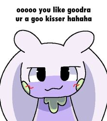  aliasing ambiguous_gender black_eyes blush blush_lines blush_stickers boy_kisser_(meme) countershade_body countershade_head countershading digital_media_(artwork) dragon english_text generation_6_pokemon glistening glistening_eyes goo_drip goodra green_cheeks green_goo hi_res looking_at_viewer meme multicolored_body mythological_creature mythological_scalie mythology nintendo no_pupils noseless owo pokemon pokemon_(species) purple_body purple_chest purple_face red_blush redraw reverse_countershading scalie simple_background smile solo text two_tone_body white_background white_body 