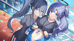  2girls absurdres aqua_eyes aris_(blue_archive) black_halo black_shirt blue_archive blue_buruma blue_eyes blue_hair blue_jacket blush breasts buruma clothes_lift dark_blue_hair green_halo gym_shirt gym_uniform halo highres id_card jacket jacket_partially_removed lanyard lifting_own_clothes long_hair looking_at_viewer medium_breasts multiple_girls namakisama navel official_alternate_costume open_mouth outdoors partially_unzipped ponytail purple_hair shirt shirt_lift small_breasts smile star_sticker sticker sticker_on_face track_jacket yuuka_(blue_archive) yuuka_(track)_(blue_archive) 