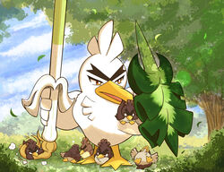  aged_down bird bright_pupils brown_eyes cloud commentary_request day falling_leaves galarian_farfetch&#039;d grass holding leaf no_humans outdoors pokemon pokemon_(creature) shield shuri_(syurigame) sirfetch&#039;d sky standing thick_eyebrows tree white_pupils 