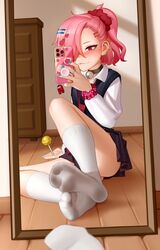  among_us biting_lip biting_own_lip clothed clothed_female dirty_feet dirty_socks feet female foot_fetish glass kairuhentai kairunoburogu lollipop mirror_selfie phone pink_hair reflection school_uniform selfie socks solo solo_female 