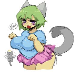  big_breasts blue_shirt breasts female green_hair high_neko_sugar_girls kiimocha purple_eyes raku-chan raku_chan tagme thick_thighs tutu 