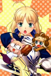  3girls ahoge animal_costume animal_ears armor artoria_pendragon_(fate) blonde_hair blue_eyes boned_meat chibi collaboration excalibur_(fate/stay_night) fate/stay_night fate/tiger_colosseum fate_(series) food green_eyes hair_ribbon highres higurashi_ryuuji hirai_yukio lion_costume meat melty_blood multiple_girls neco-arc open_mouth parody pointy_ears ribbon saber_(fate) saber_lion style_parody sword tail takeuchi_takashi_(style) tsukihime weapon 