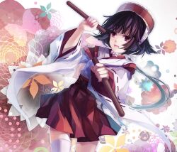  :d adapted_uniform bad_id bad_pixiv_id black_hair female hat japanese_clothes kimono miko open_mouth original photoshop_(medium) ponytail red_eyes short_hair short_kimono skade smile solo thighhighs white_kimono white_thighhighs zettai_ryouiki 