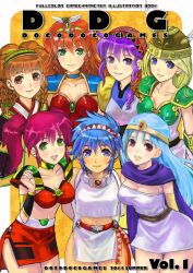  2011 6+girls :d aisha_(saga) annet_myer annotated armor bad_id bad_pixiv_id blonde_hair blue_eyes blue_hair brown_eyes brown_hair cape closed_mouth collarbone cosmic_fantasy crossover docoi dragon_quest dragon_quest_iii dress el_viento green_armor green_eyes group_picture headband helmet looking_at_viewer lucia_(madura_no_tsubasa) luna_noah lunar lunar:_the_silver_star madura_no_tsubasa miniskirt multiple_girls navel open_mouth painttool_sai_(medium) pelvic_curtain purple_eyes purple_hair red_hair romancing_saga romancing_saga_minstrel_song saga sage_(dq3) saya_(cosmic_fantasy) short_dress skirt smile tiara twintails valkyrie_(vnd) valkyrie_no_densetsu winged_helmet yellow_background 