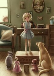  1boy blonde_hair bow box brown_hair canine curly_hair dress feline female female hairbow inaho_minato lolicon male open_mouth original photo_(object) picture ribbon short_hair stuffed_animal stuffed_toy teddy_bear 