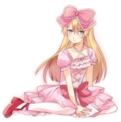  blonde_hair blue_eyes blush bow crossdressing crossdressing dress frown full_body gradient gradient_background hairbow kurusu_shou lolita_fashion long_hair male male_focus sakuraba_hinano sitting solo sweet_lolita trap uta_no_prince-sama 