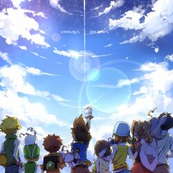  3girls 5boys backpack bag black_hair blonde_hair brown_hair cloud commentary_request cowboy_hat cowboy_western day digimon digimon_(creature) digimon_adventure everyone facing_away from_behind gloves hat ishida_yamato izumi_koshiro kido_jo koromon lens_flare mochimon multiple_boys multiple_girls nyaromon photoshop_(medium) ponytail pukamon pyocomon rella short_hair sky tachikawa_mimi takaishi_takeru takenouchi_sora tanemon tunomon yagami_hikari yagami_taichi 