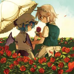  2girls bat_wings blue_eyes blue_hair braid commentary_request flower from_behind hat izayoi_sakuya maid maid_headdress multiple_girls photoshop_(medium) red_eyes red_flower red_rose remilia_scarlet rose short_hair takishima_asaka touhou umbrella white_hair wings yuri 