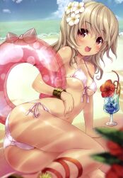  :d absurdres ankle_lace-up arm_support ass beach bikini blonde_hair blue_hawaii blurry blush bracelet breasts brown_eyes crazy_straw cross-laced_footwear day dengeki_hime depth_of_field drink drinking_straw female flower front-tie_top hair_flower hair_ornament hibiscus highres innertube jewelry leg_ribbon legs long_hair looking_at_viewer lying medium_breasts minamura_haruki navel on_side open_mouth original outdoors ribbon sandals shiny_skin side-tie_bikini_bottom smile solo strap_gap swim_ring swimsuit tan tanlines thighs trefoil tropical_drink water 