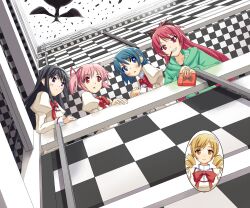  5girls akemi_homura album_cover album_cover_redraw bad_id bad_pixiv_id black_hair blonde_hair blue_eyes blue_hair bow checkered commentary_request cover derivative_work food hair_ornament hair_ribbon hairband hairbow hairclip highres kaname_madoka long_hair mahou_shoujo_madoka_magica mahou_shoujo_madoka_magica_(anime) miki_sayaka minazuki_(karashikazoku) multiple_girls not_present parody pink_eyes pink_hair please_please_me pocky purple_eyes red_eyes red_hair ribbon sakura_kyoko school_uniform short_hair short_twintails the_beatles tomoe_mami twintails walpurgisnacht_(madoka_magica) yellow_eyes 