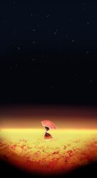  commentary covered_eyes dark female field flower flower_field french_commentary glowing_flower green_hair holding holding_umbrella horizon kazami_yuuka night night_sky parasol red_skirt scenery shirt short_hair short_sleeves skirt sky solo star_(sky) sunflower sunflower_field touhou umbrella watari_(hasumi_rina) white_shirt wide_shot 