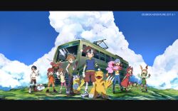  3girls 5boys agumon bad_id bad_pixiv_id blue_eyes blue_hair brown_eyes brown_hair bus closed_eyes cloud cowboy_hat cowboy_western day digimon digimon_(creature) digimon_adventure everyone gabumon glasses gloves goggles goggles_on_head gomamon hajime_(hajime-ill-1st) hat helmet highres hug ishida_yamato izumi_koshiro kido_jo letterboxed long_hair motor_vehicle multiple_boys multiple_girls one_eye_closed open_mouth outdoors outstretched_arms palmon patamon piyomon shirt short_hair shorts sky sleeveless sleeveless_shirt smile spread_arms tachikawa_mimi tailmon takaishi_takeru takenouchi_sora tentomon wristband yagami_hikari yagami_taichi 