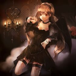  adjusting_hair black_pearl black_wings bracelet brown_eyes brown_hair candelabra candlestand commentary dress female fishnet_thighhighs fishnets flower jewelry long_hair necklace original pearl_necklace smoke solo symbol-only_commentary thighhighs wings yuzuki_mia 